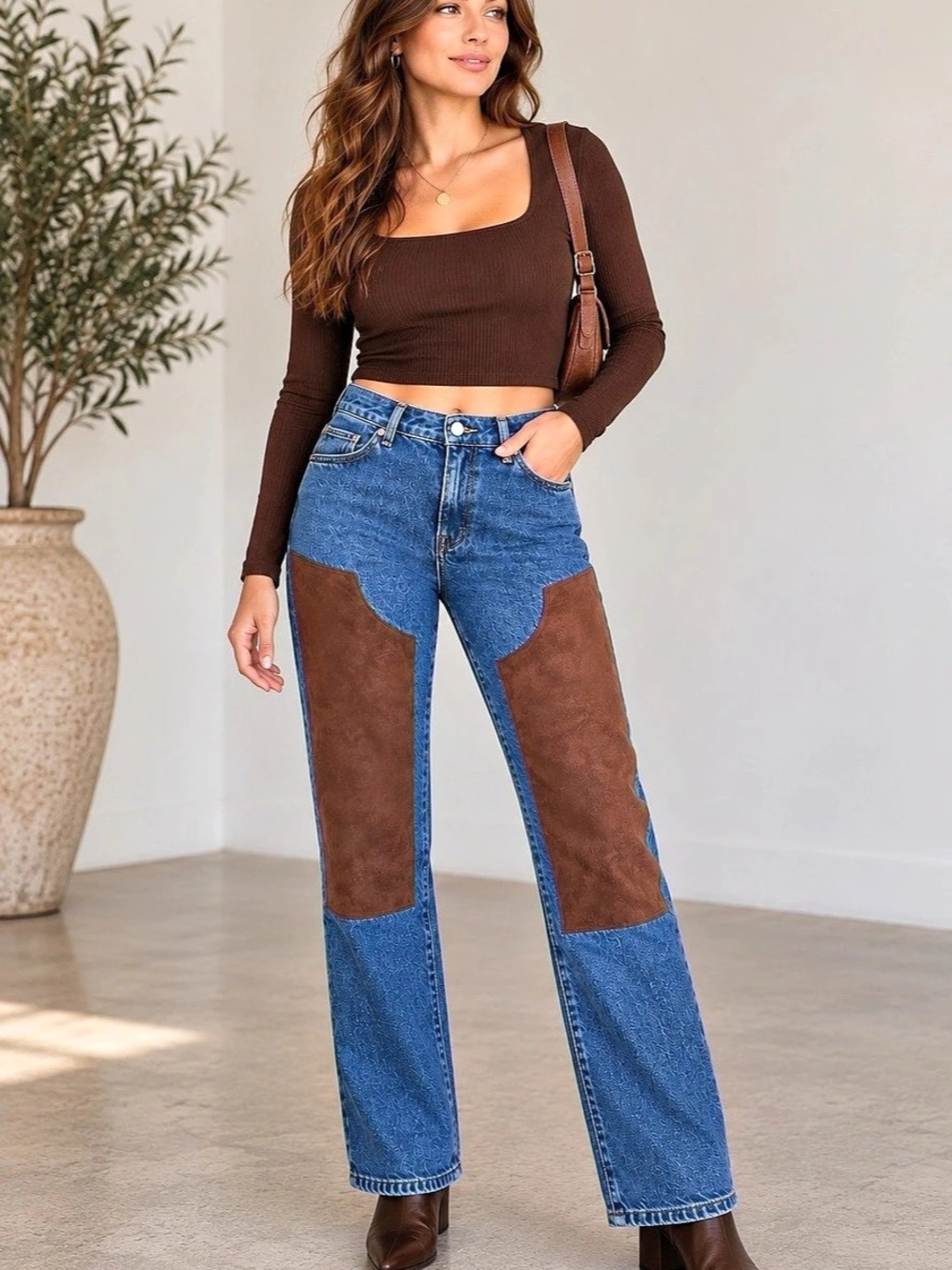 Gianni Bini Jeans Women’s 30 Blue Denim Straight Leg Brown Faux Suede Patchwork